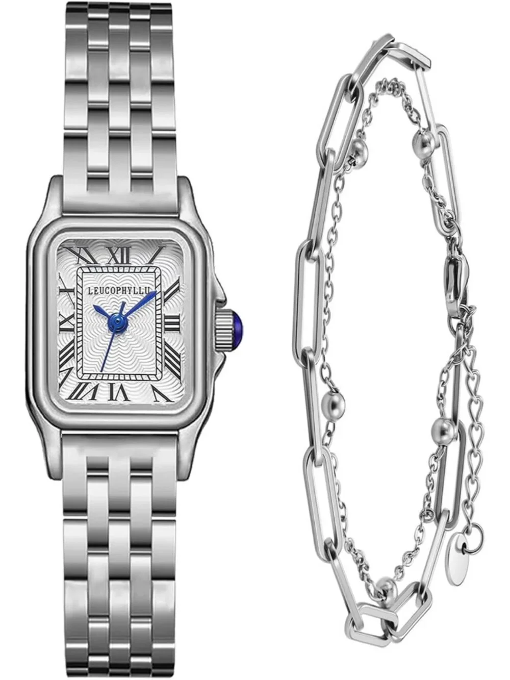 Women's  Silver with Silver Chain Vintage Rectangular Case Fashion Wrist Watches